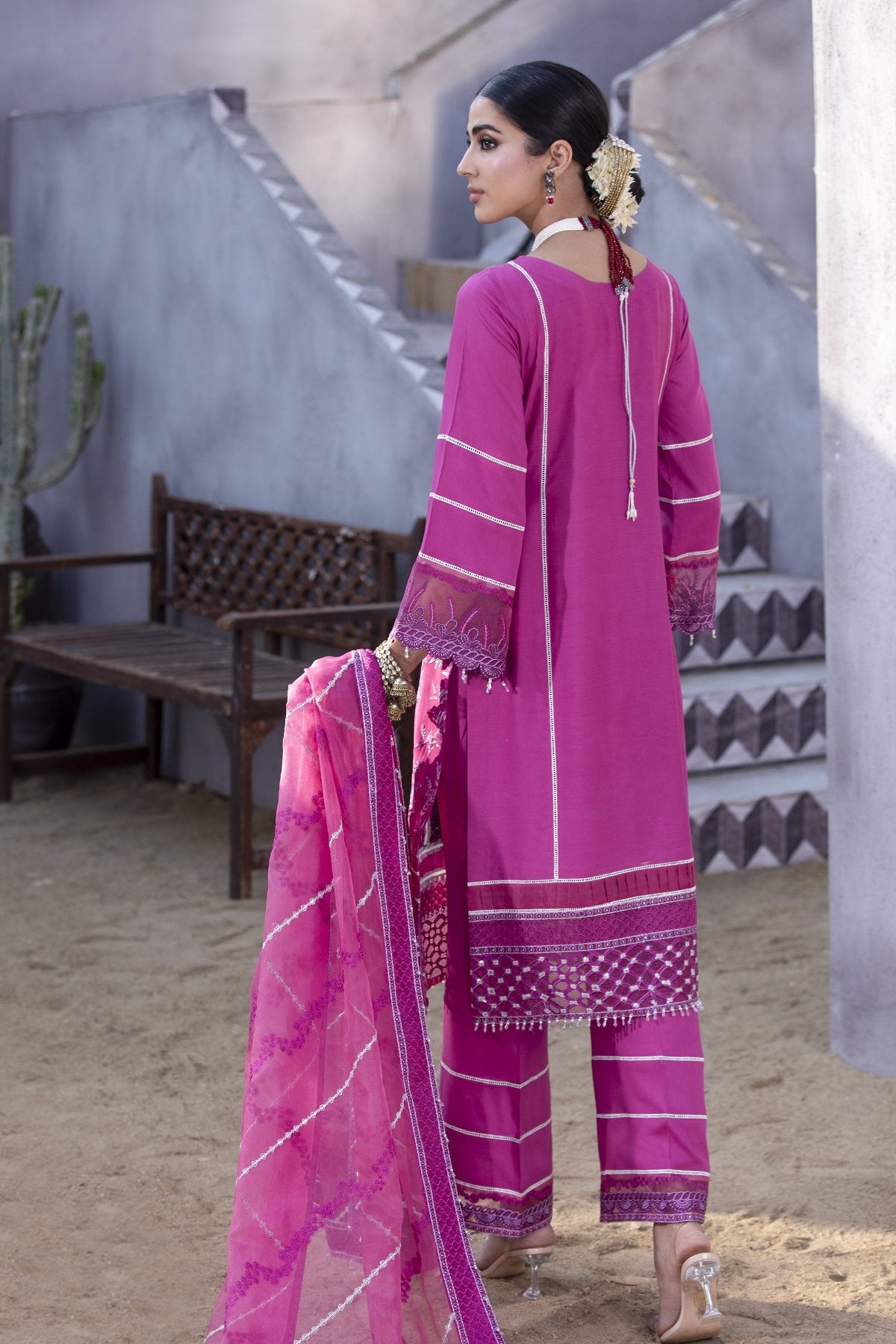 Magenta Embroidered Linen 3-Piece Suit