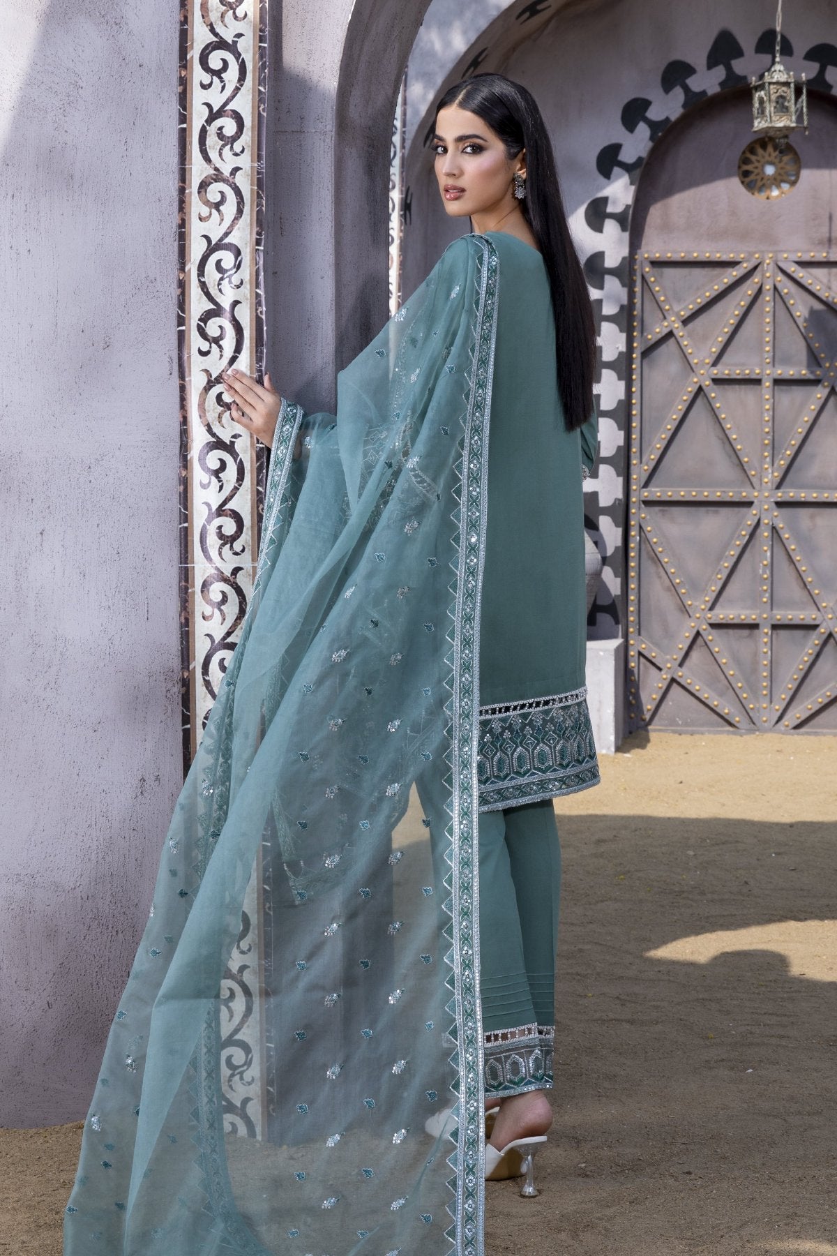 Persian Green Embroidered Linen 3-Piece Suit