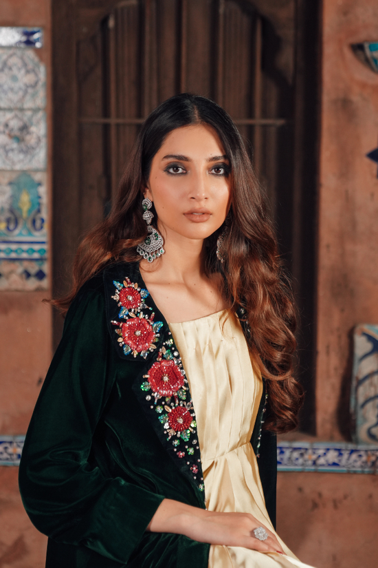 Velvet Long Coat with Handcrafted Detailing & Silk Long Frock Ensemble