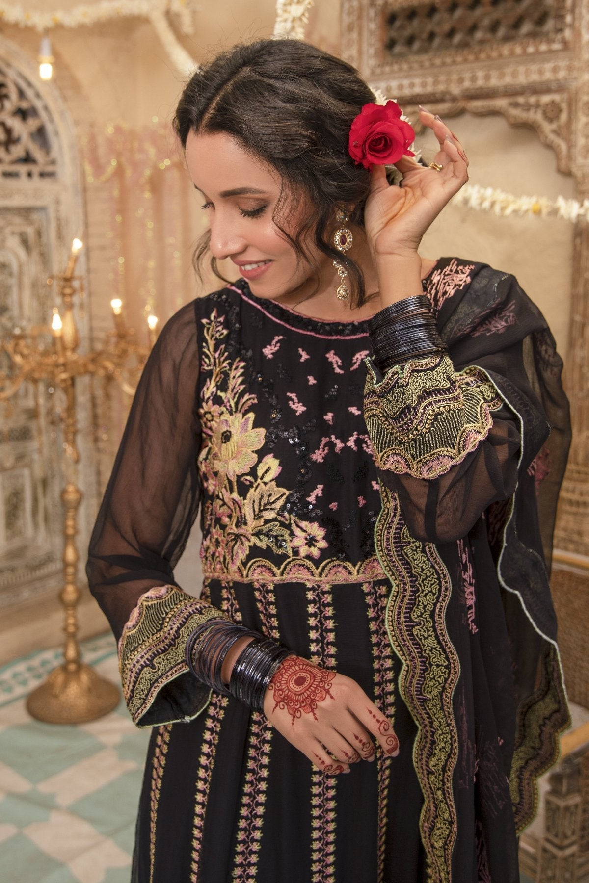Black Embroidered Chiffon Dress