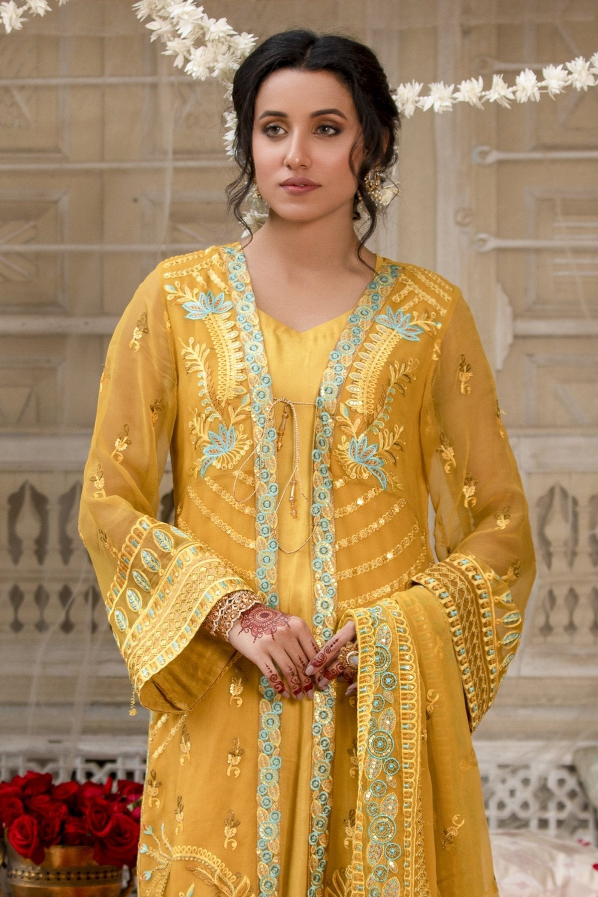Embroidered Mustard Chiffon Dress