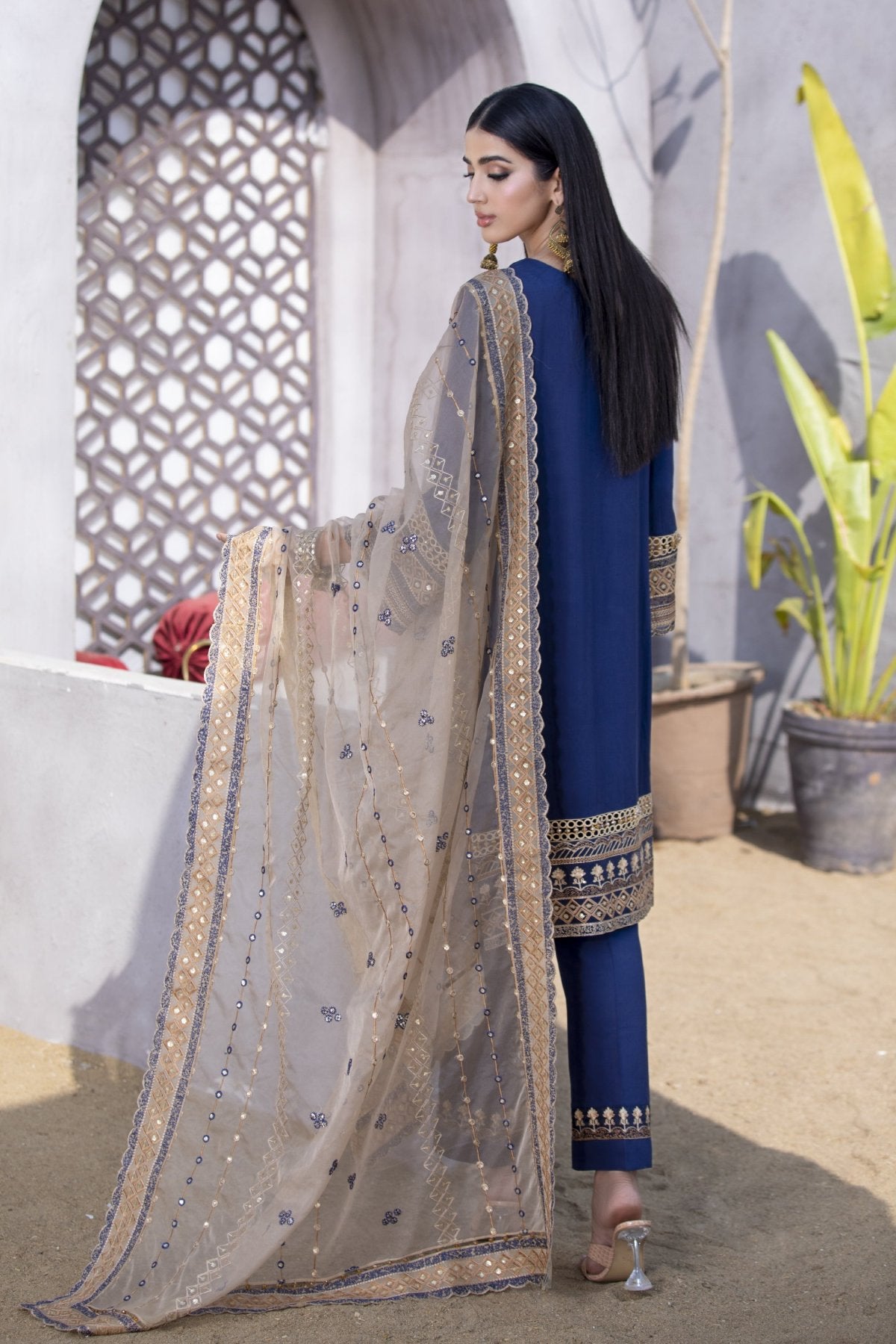 Midnight Blue Embroidered Linen 3-Piece Suit