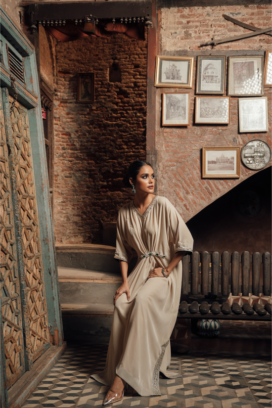 Velvet Kaftan with Jewel Belt & Lace Detailing