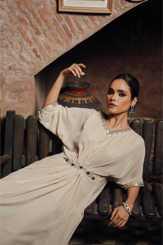 Velvet Kaftan with Jewel Belt & Lace Detailing