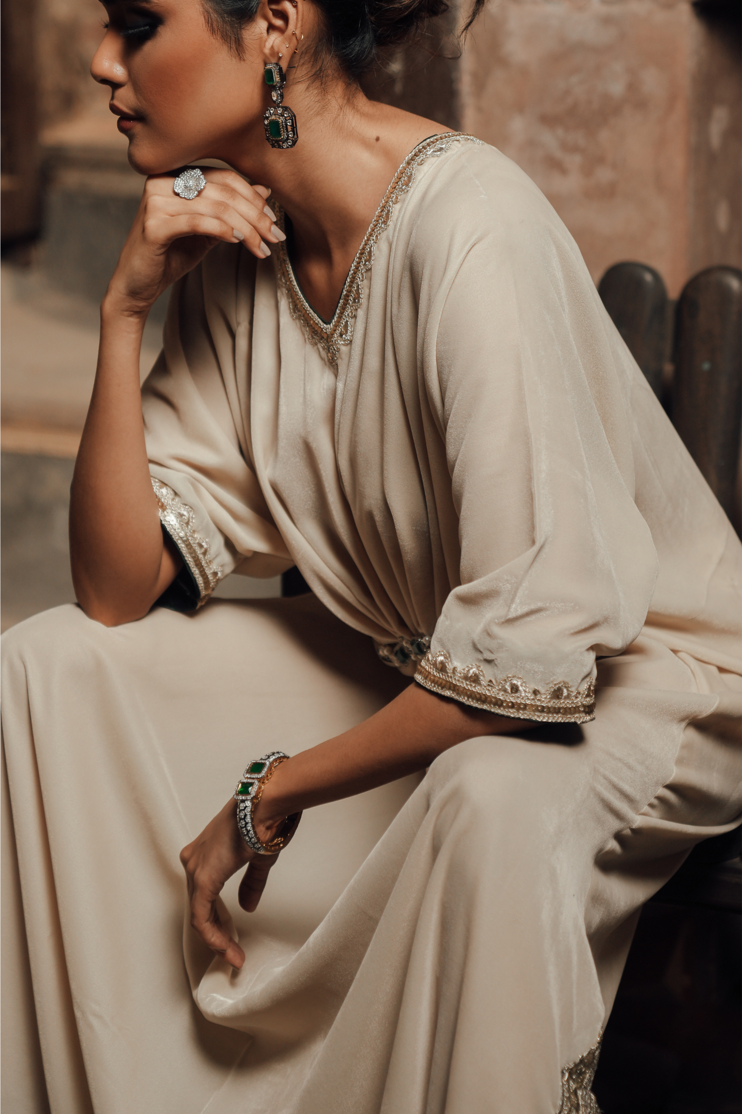 Velvet Kaftan with Jewel Belt & Lace Detailing