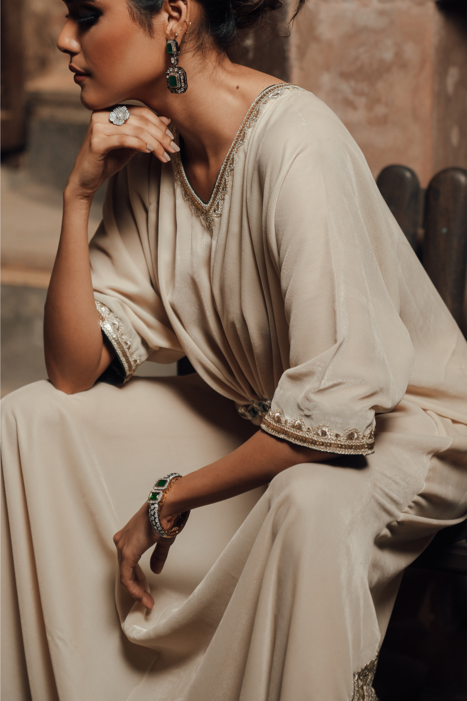 Velvet Kaftan with Jewel Belt & Lace Detailing