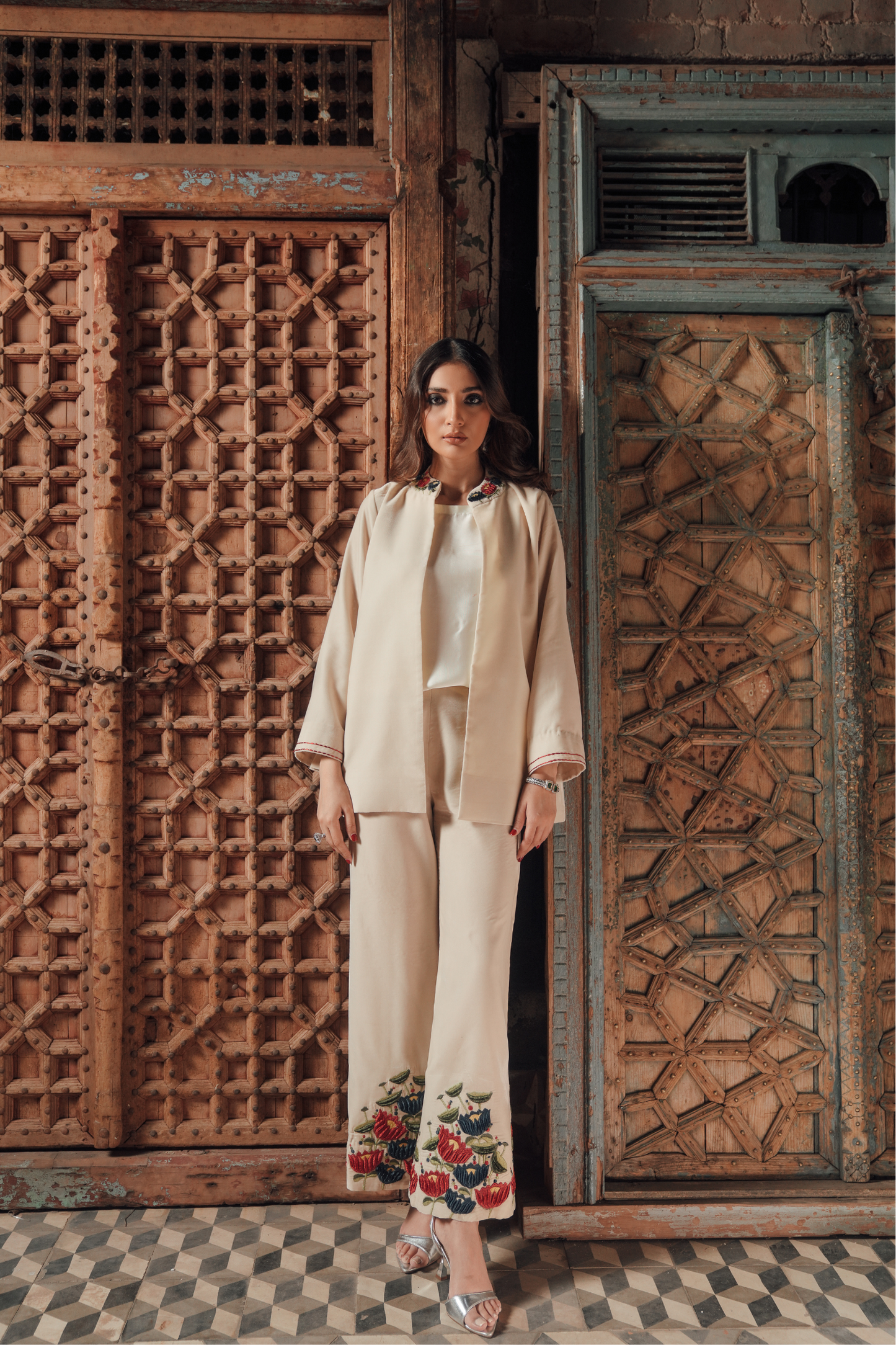 Embroidered 3-Piece Suit with Western Coat & Silk Inner