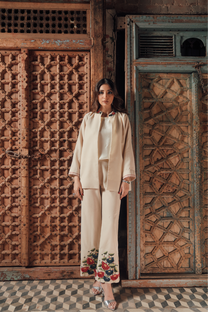Embroidered 3-Piece Suit with Western Coat & Silk Inner