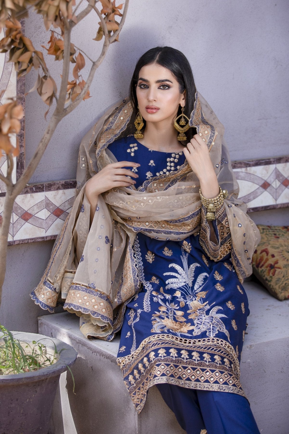 Midnight Blue Embroidered Linen 3-Piece Suit
