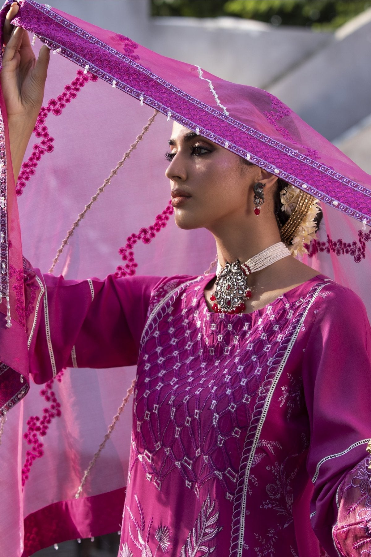 Magenta Embroidered Linen 3-Piece Suit