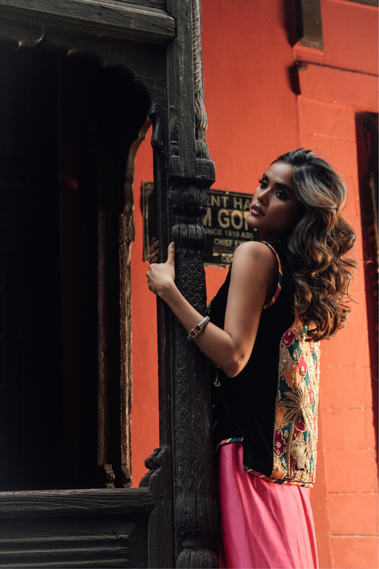 Handcrafted Velvet Waistcoat Set with Shocking Pink Silk Blouse & Drape Bottom