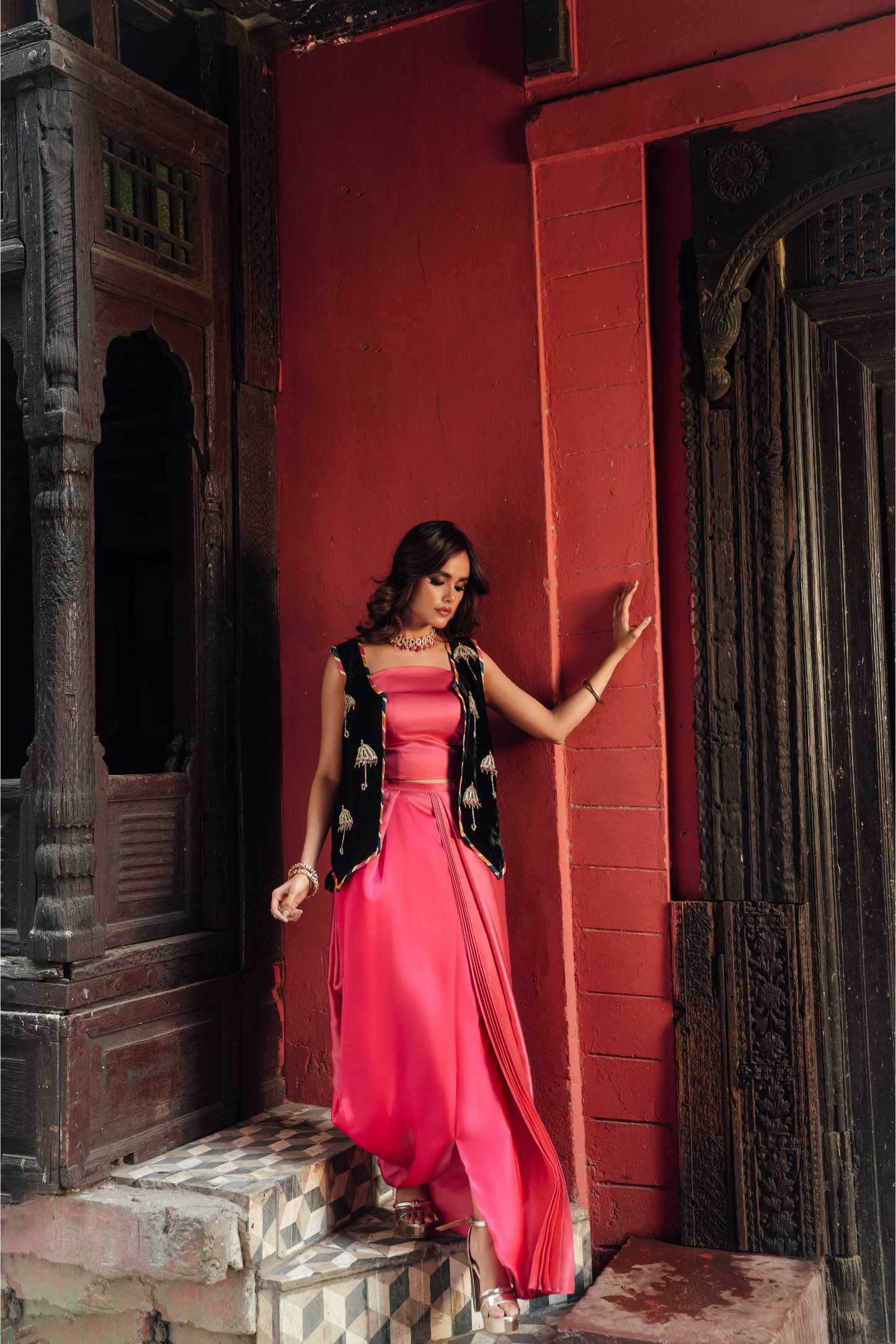 Handcrafted Velvet Waistcoat Set with Shocking Pink Silk Blouse & Drape Bottom