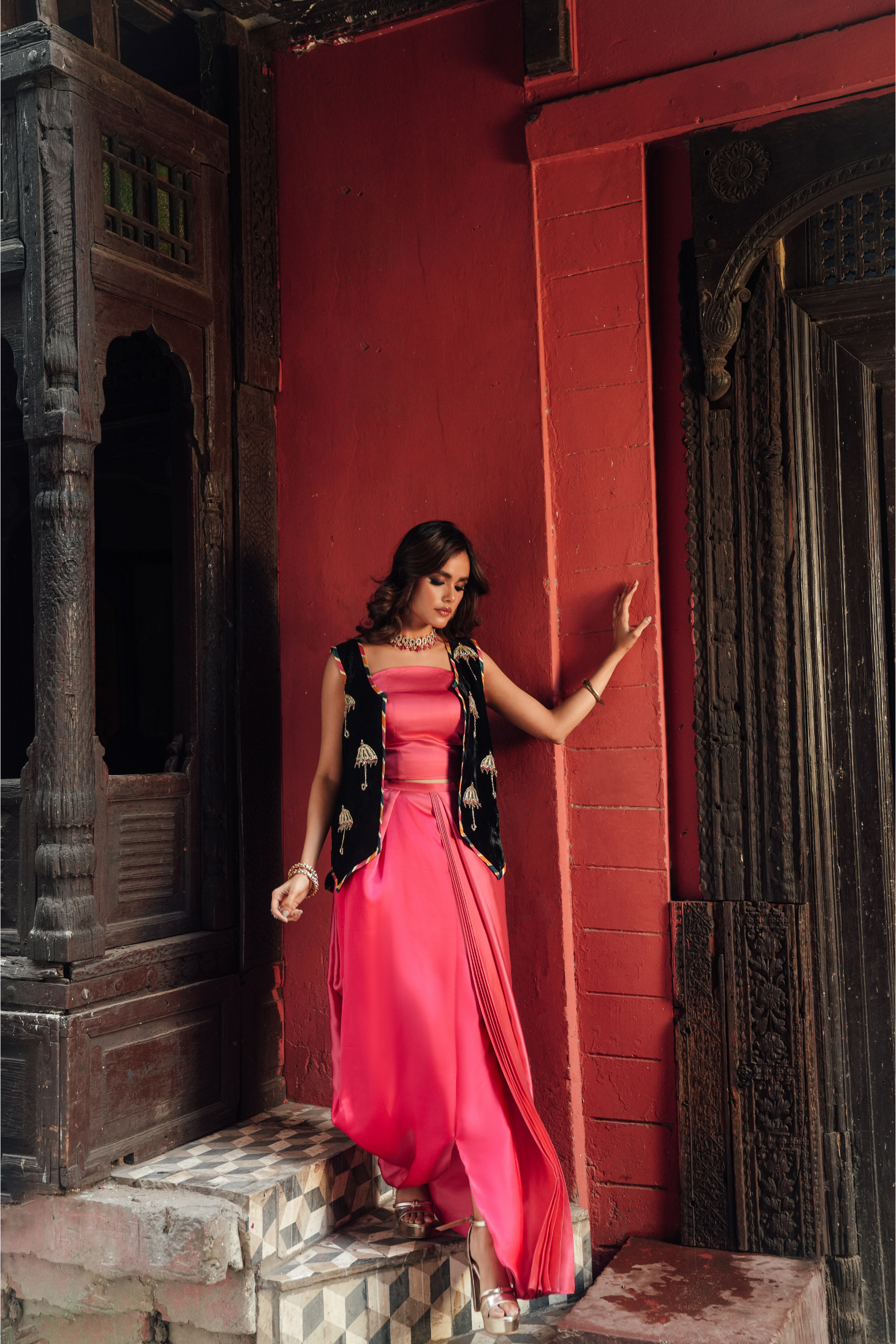 Handcrafted Velvet Waistcoat Set with Shocking Pink Silk Blouse & Drape Bottom