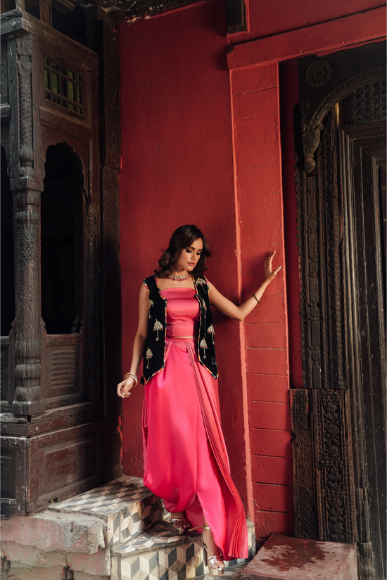 Handcrafted Velvet Waistcoat Set with Shocking Pink Silk Blouse & Drape Bottom