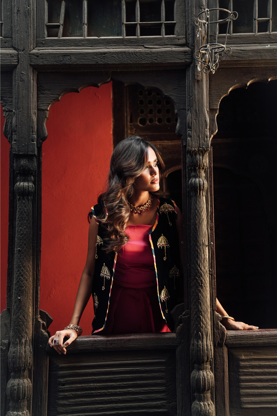 Handcrafted Velvet Waistcoat Set with Shocking Pink Silk Blouse & Drape Bottom