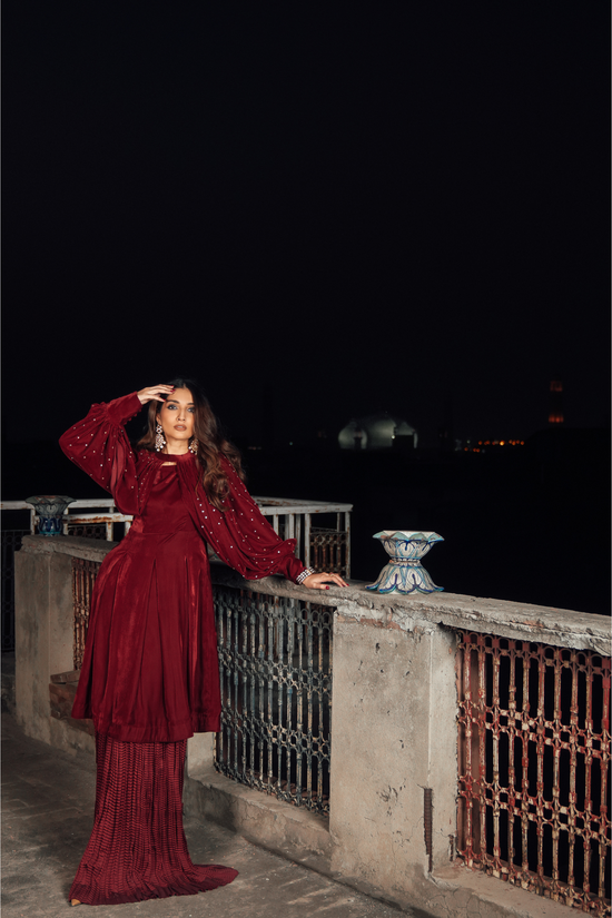 Velvet Frock with Embroidered Puffy Sleeves & Crushed Bottom