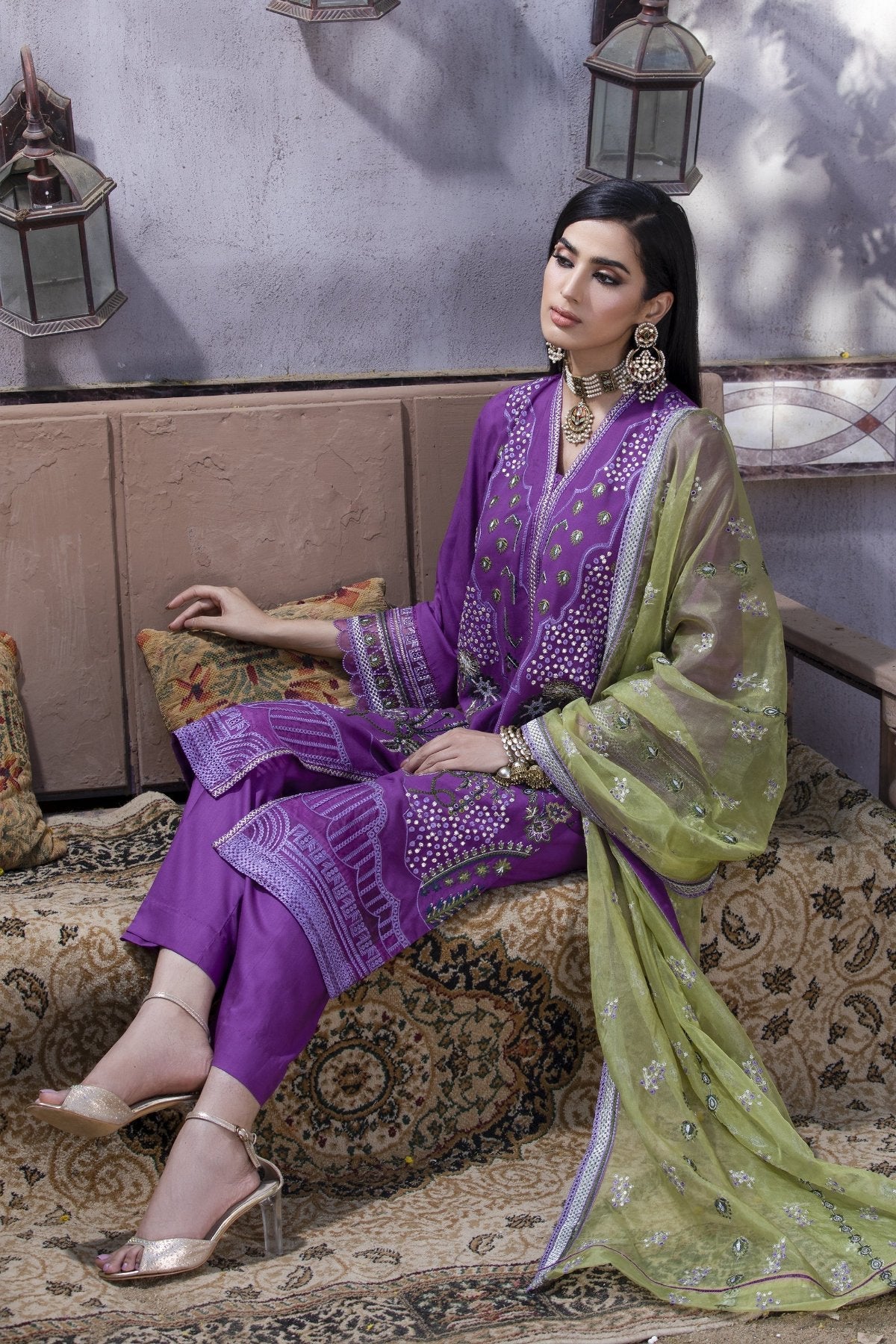 Purple Embroidered Linen 3-Piece Suit