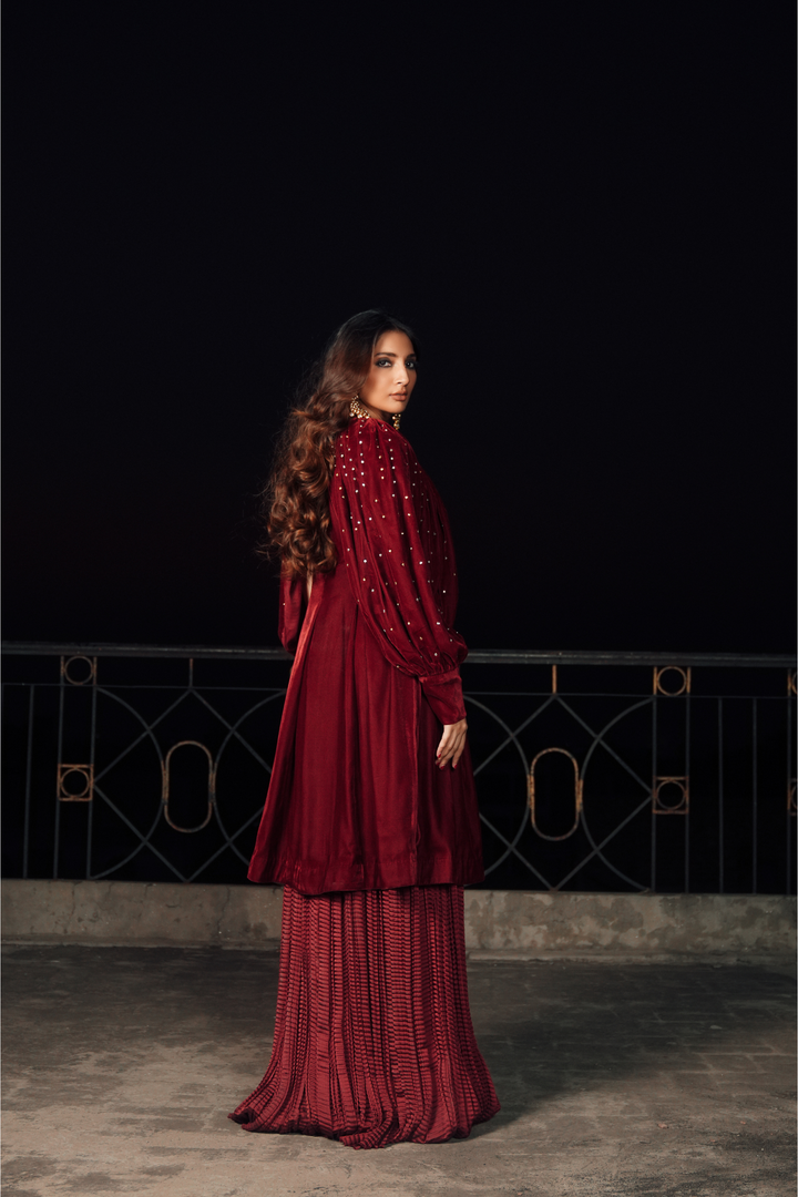Velvet Frock with Embroidered Puffy Sleeves & Crushed Bottom
