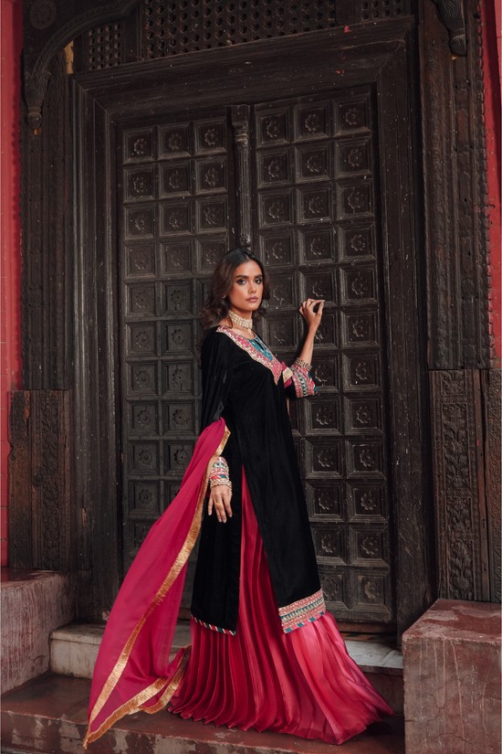 Velvet Adda Work Shirt with Silk Lehenga & Chiffon Dupatta
