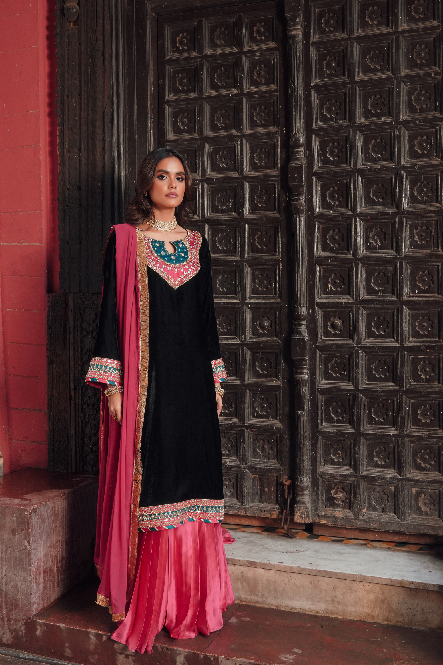 Velvet Adda Work Shirt with Silk Lehenga & Chiffon Dupatta