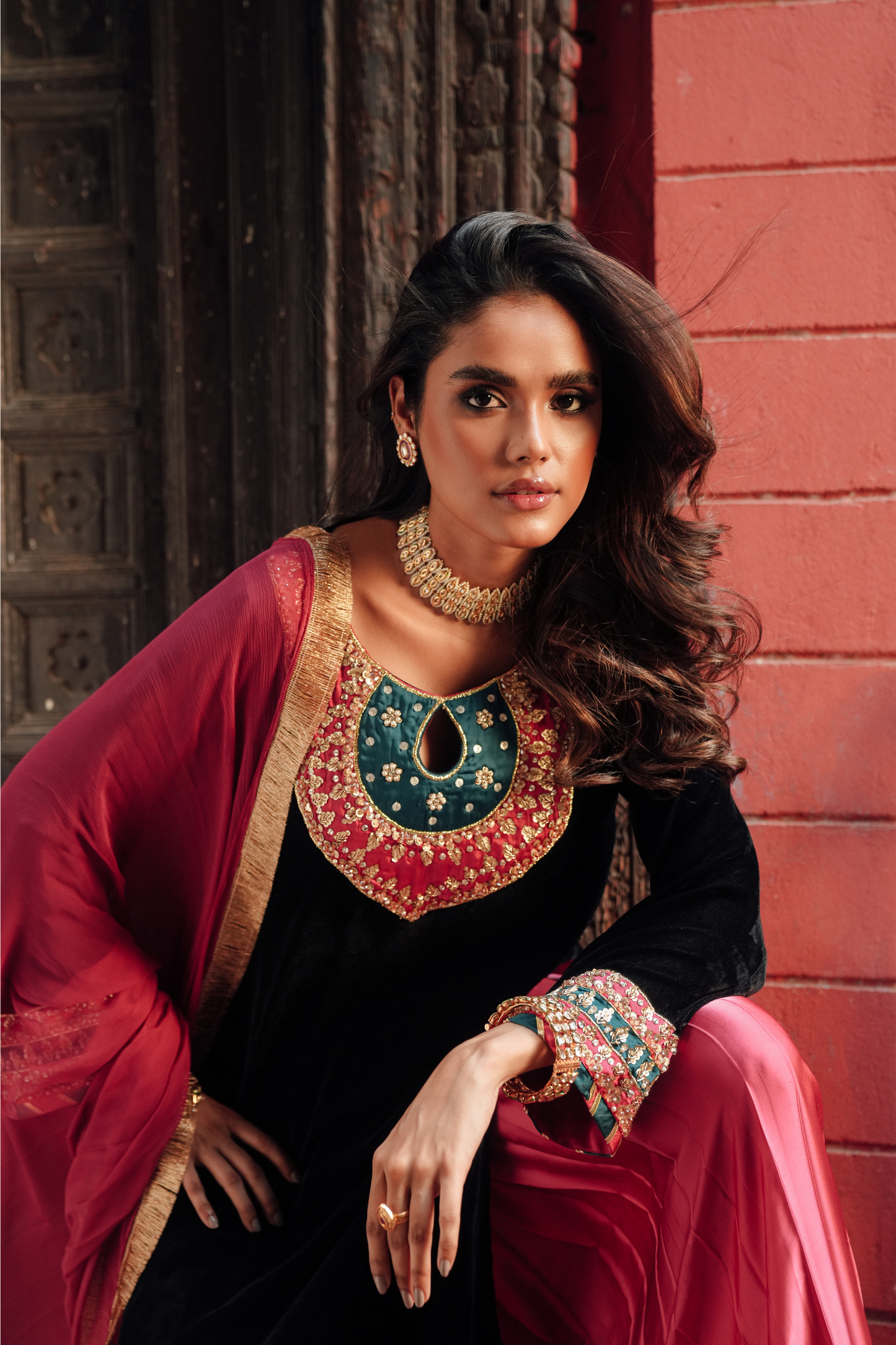 Velvet Adda Work Shirt with Silk Lehenga & Chiffon Dupatta
