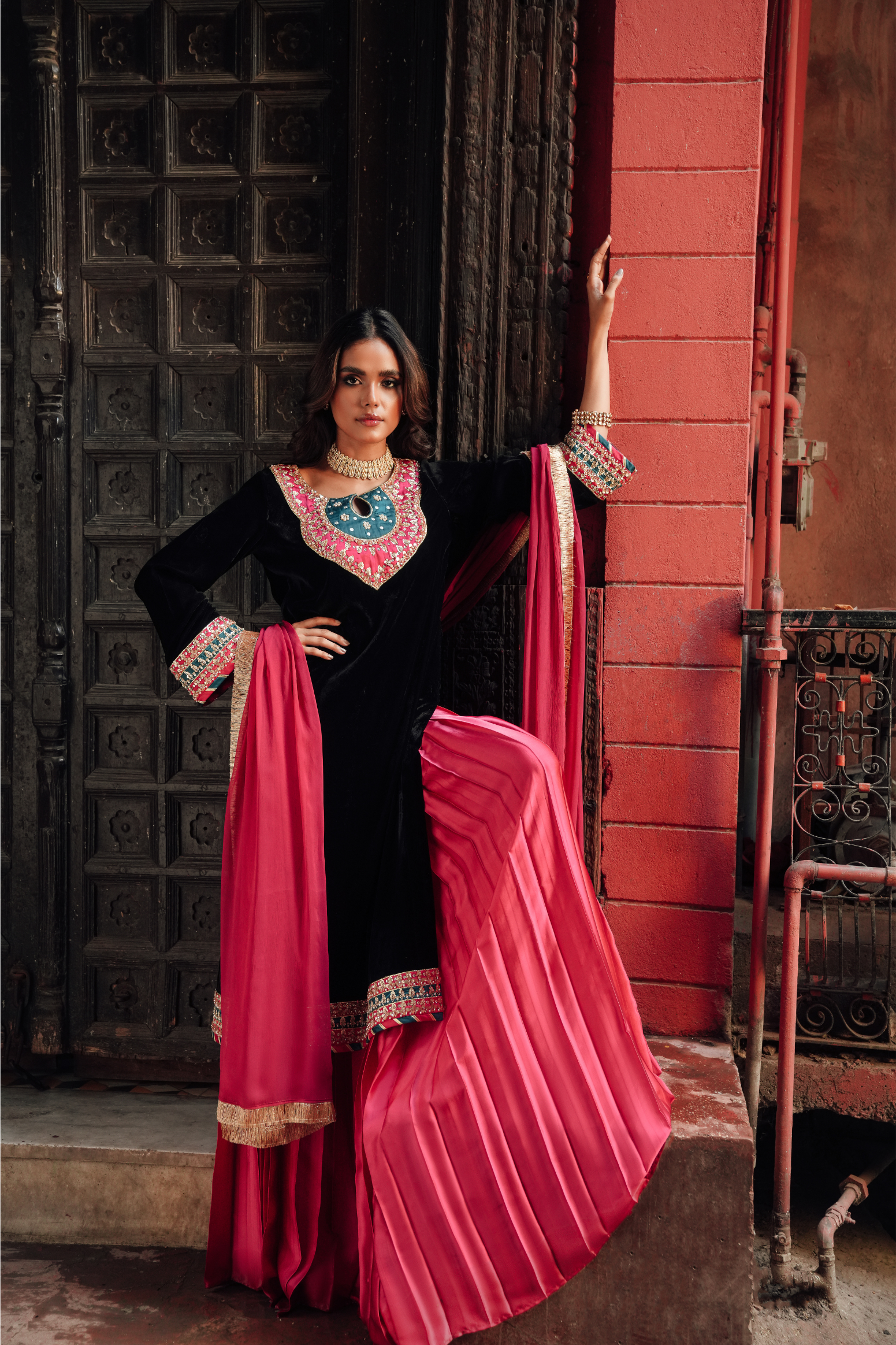 Velvet Adda Work Shirt with Silk Lehenga & Chiffon Dupatta