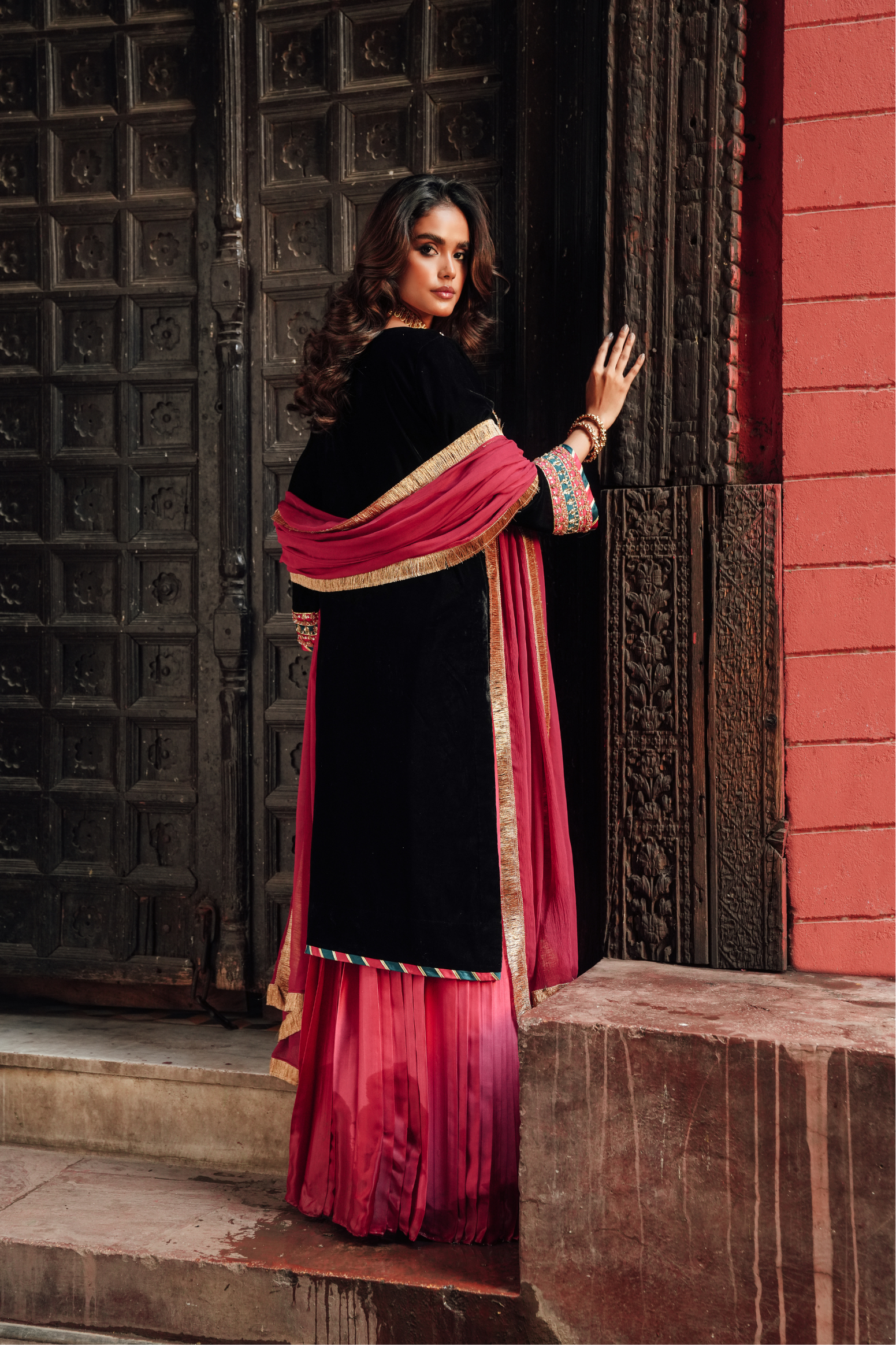 Velvet Adda Work Shirt with Silk Lehenga & Chiffon Dupatta