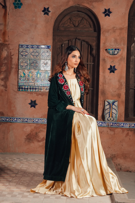 Velvet Long Coat with Handcrafted Detailing & Silk Long Frock Ensemble