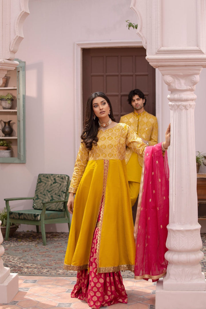 Emerald Luxury Raw Silk Frock with Sharara & Dupatta