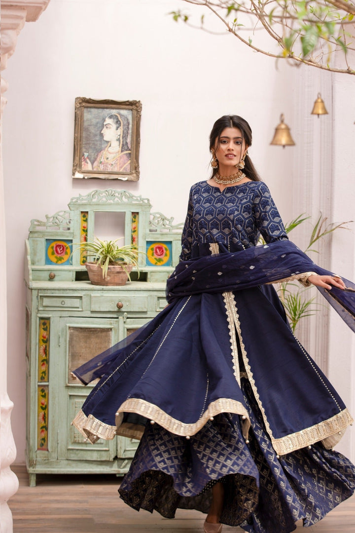 Gold Luxury Raw Silk Frock with Sharara & Dupatta