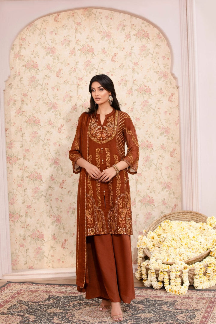 Brown Embroidered Chiffon 3-Piece Suit with Raw Silk Trousers