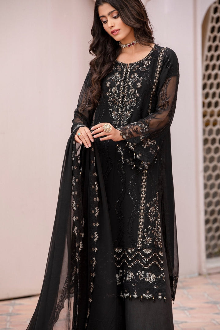 Black Embroidered Chiffon 3-Piece Suit with Raw Silk Trousers
