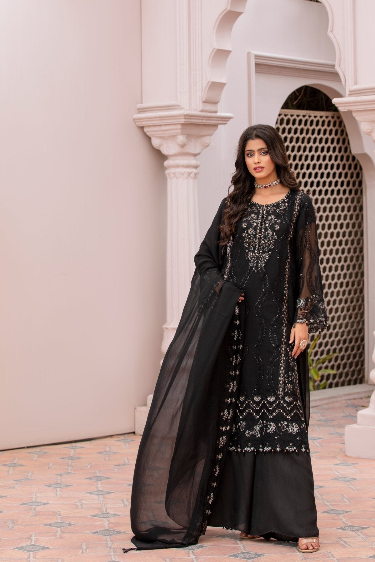 Black Embroidered Chiffon 3-Piece Suit with Raw Silk Trousers
