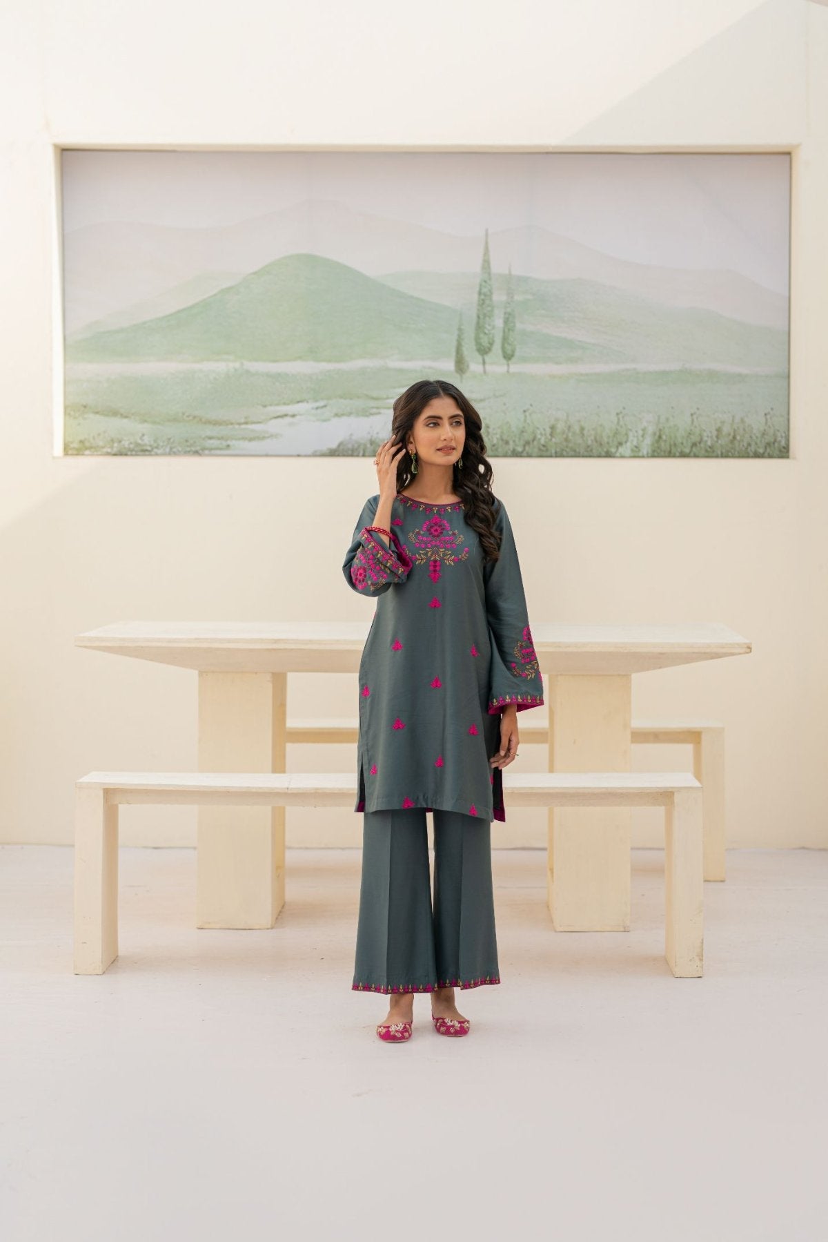 Blue Cottel Embroidered 2-Piece Suit – Winter Stitched