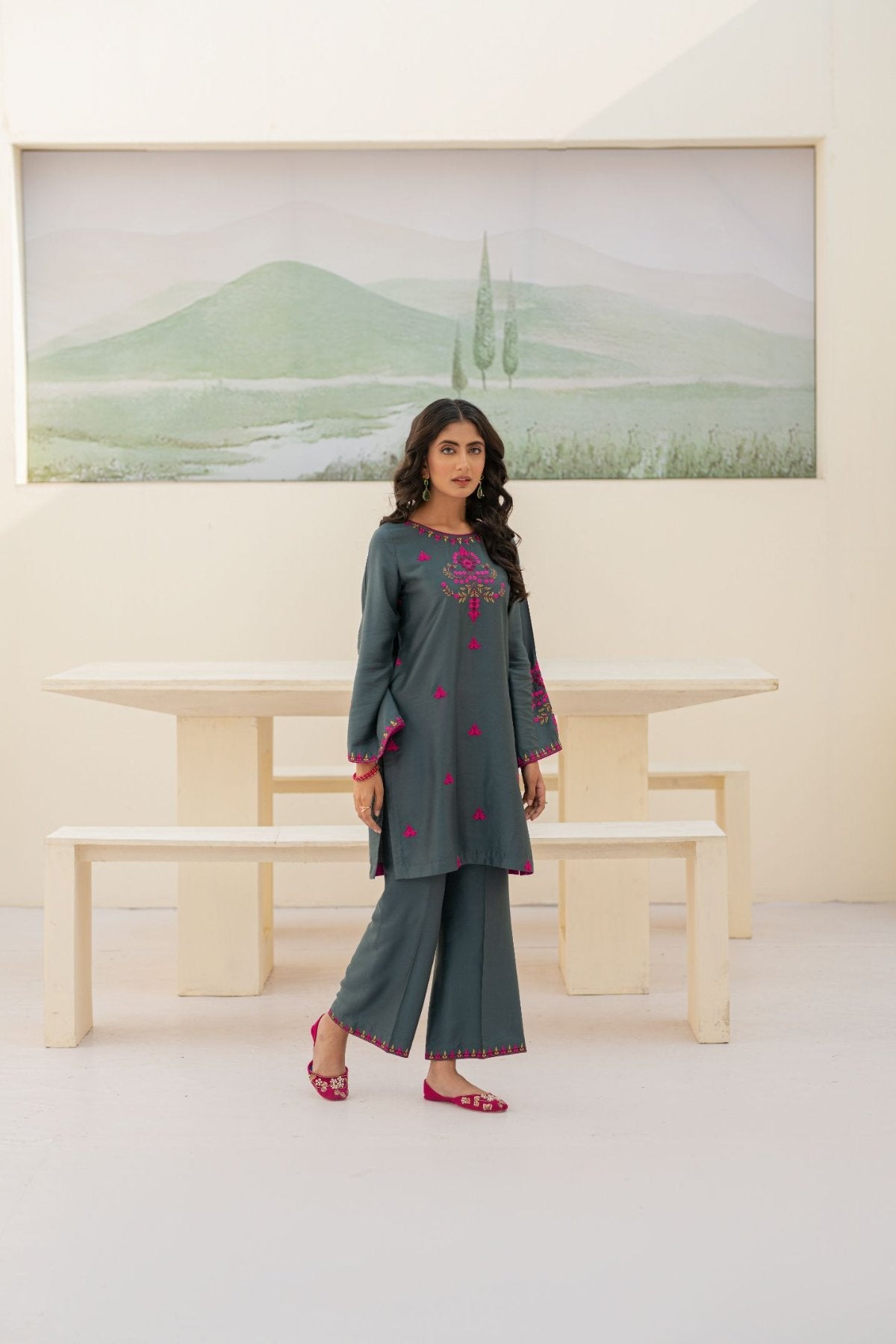 Blue Cottel Embroidered 2-Piece Suit – Winter Stitched