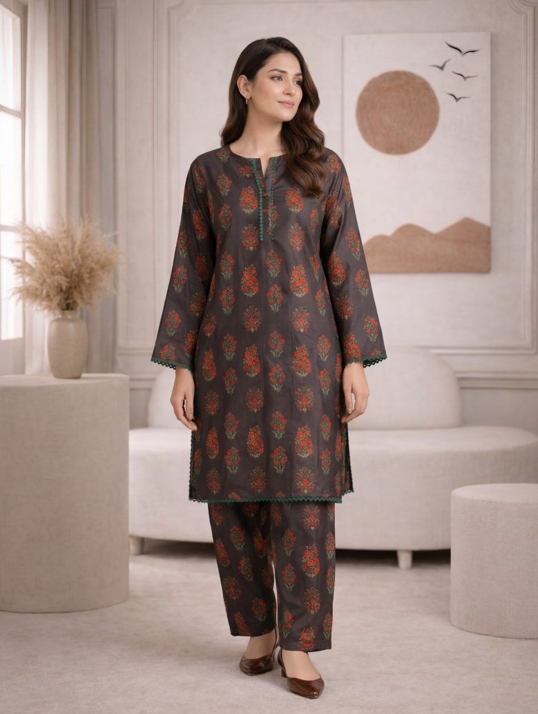 Midnight Bloom – Gulkaar Blended Silk 2-Piece Stitched Suit