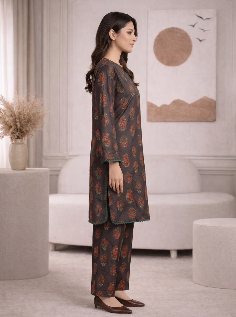 Midnight Bloom – Gulkaar Blended Silk 2-Piece Stitched Suit