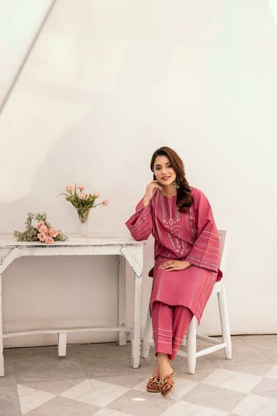 Pink Embroidered Poplin Suit