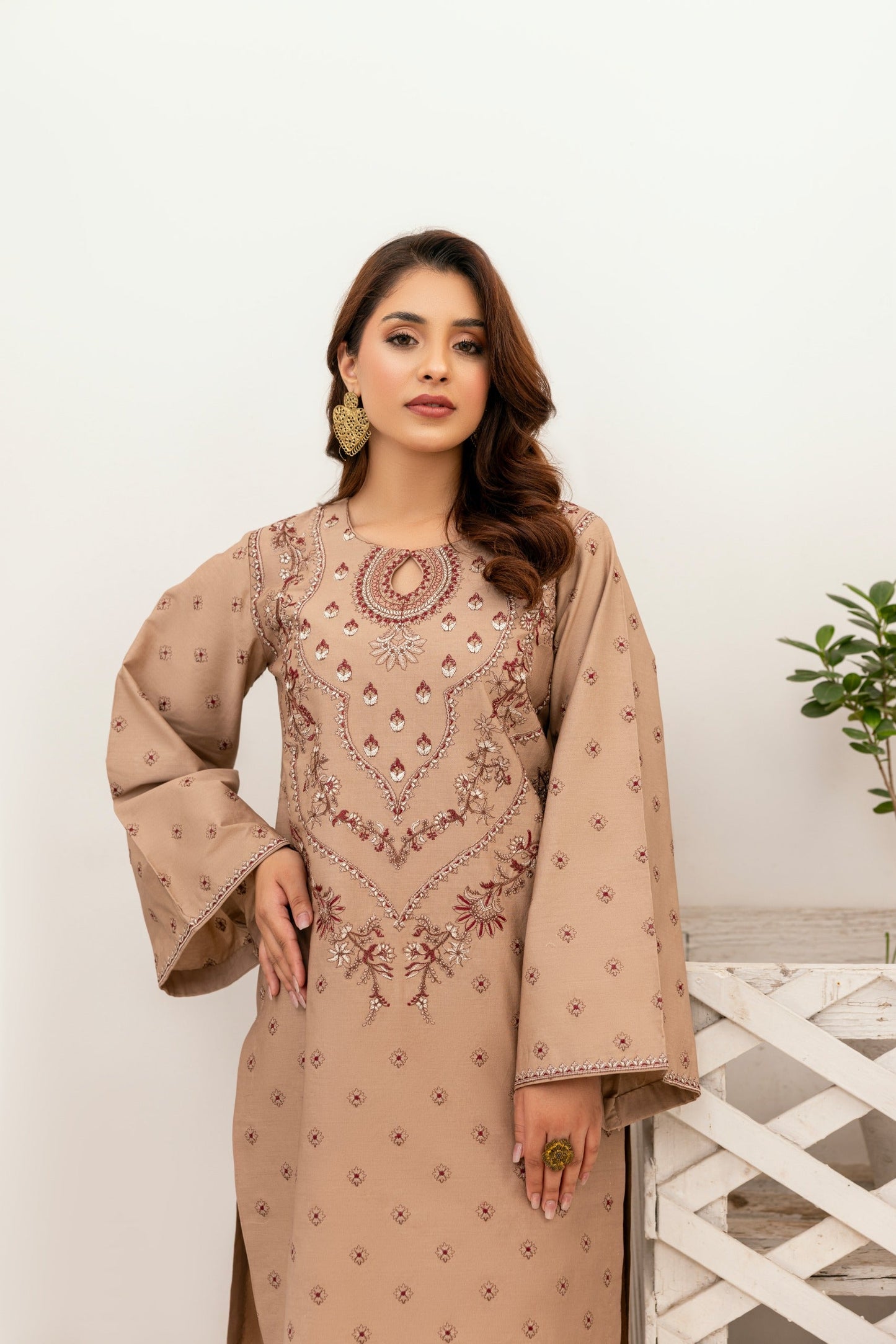 Light Brown Embroidered Poplin Suit