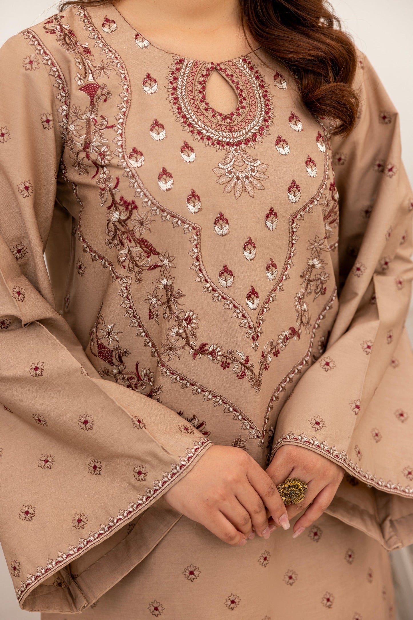 Light Brown Embroidered Poplin Suit