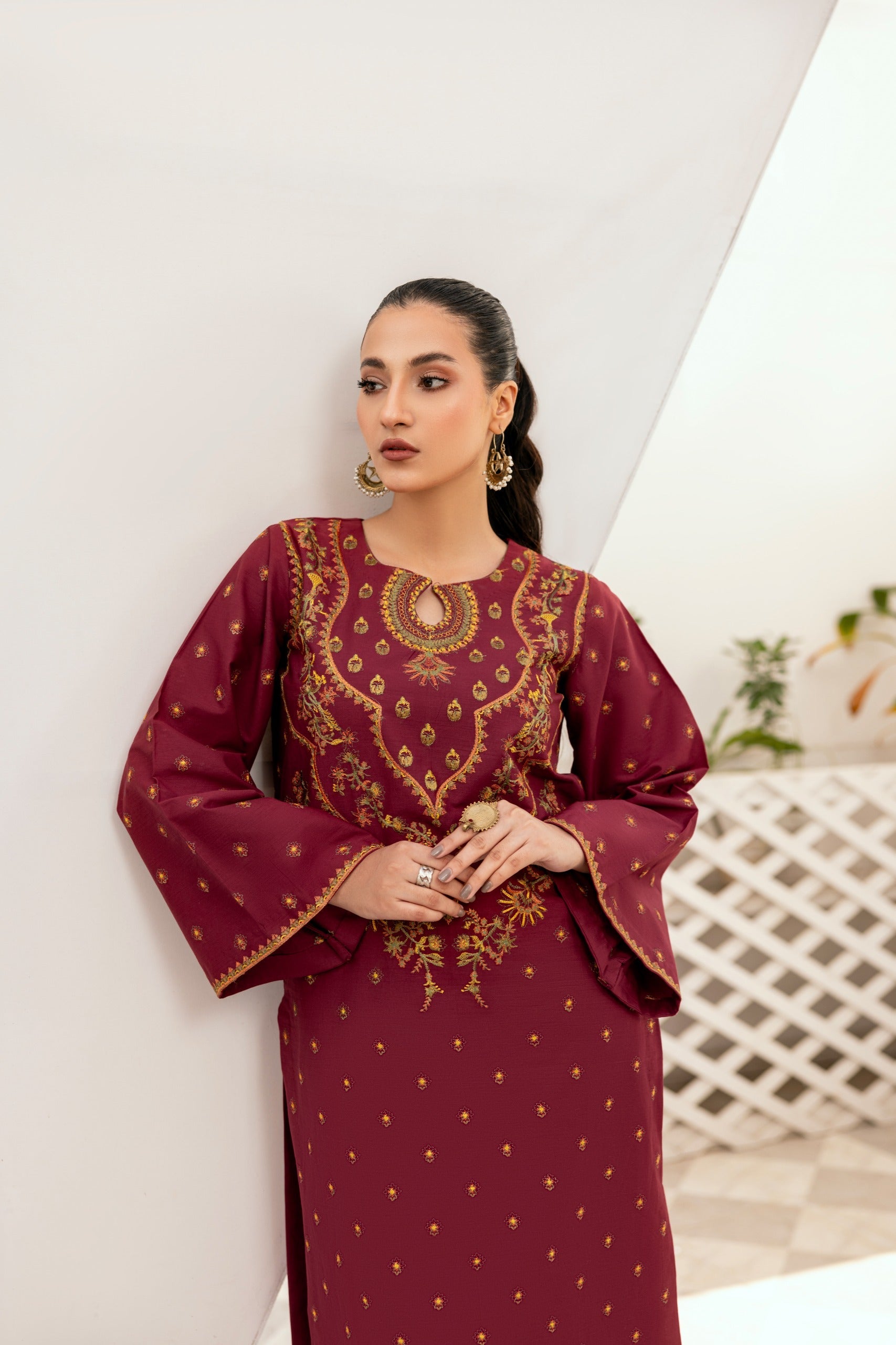 Maroon Embroidered Poplin Suit