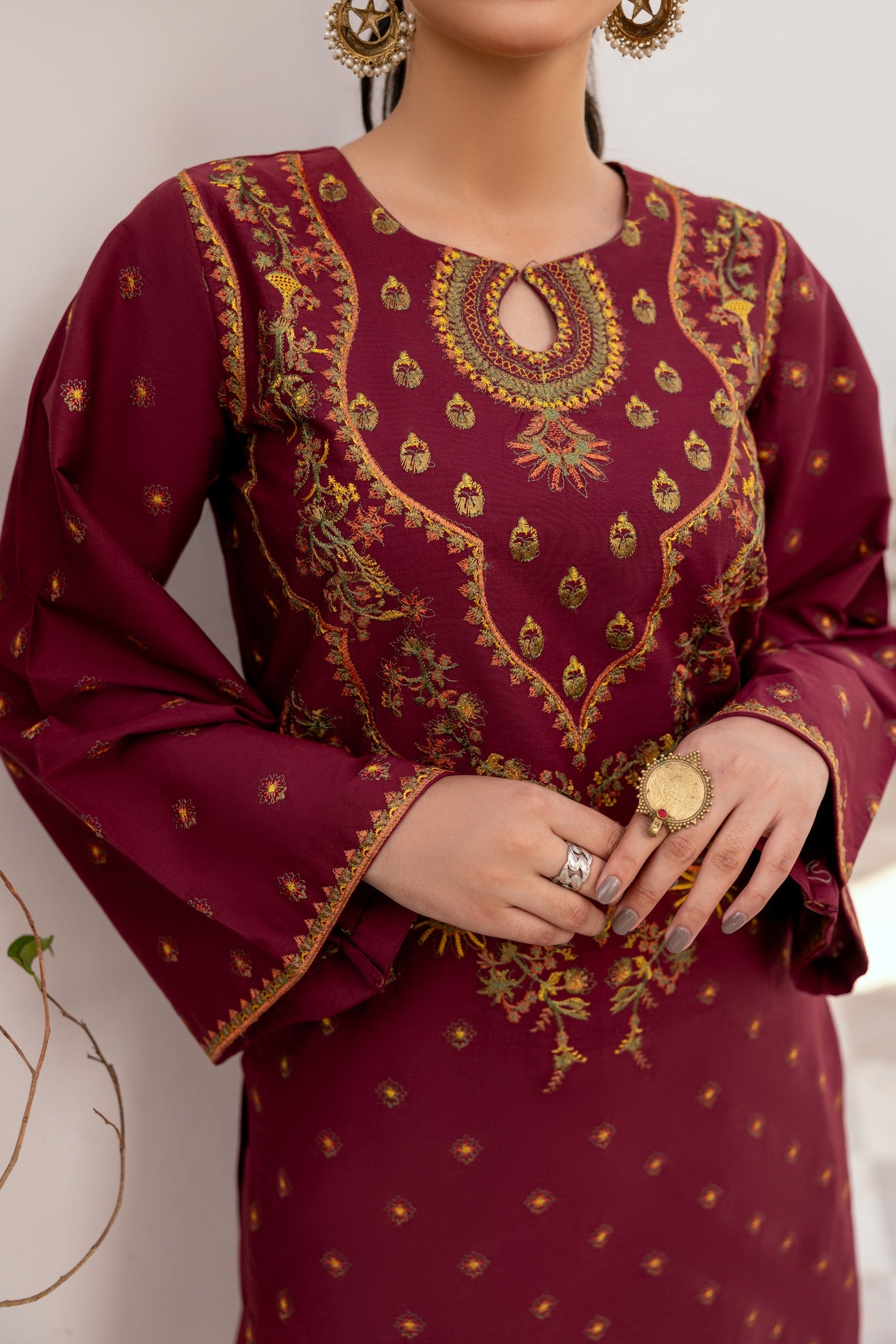 Maroon Embroidered Poplin Suit