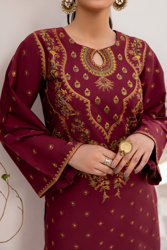 Maroon Embroidered Poplin Suit