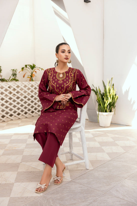 Maroon Embroidered Poplin Suit