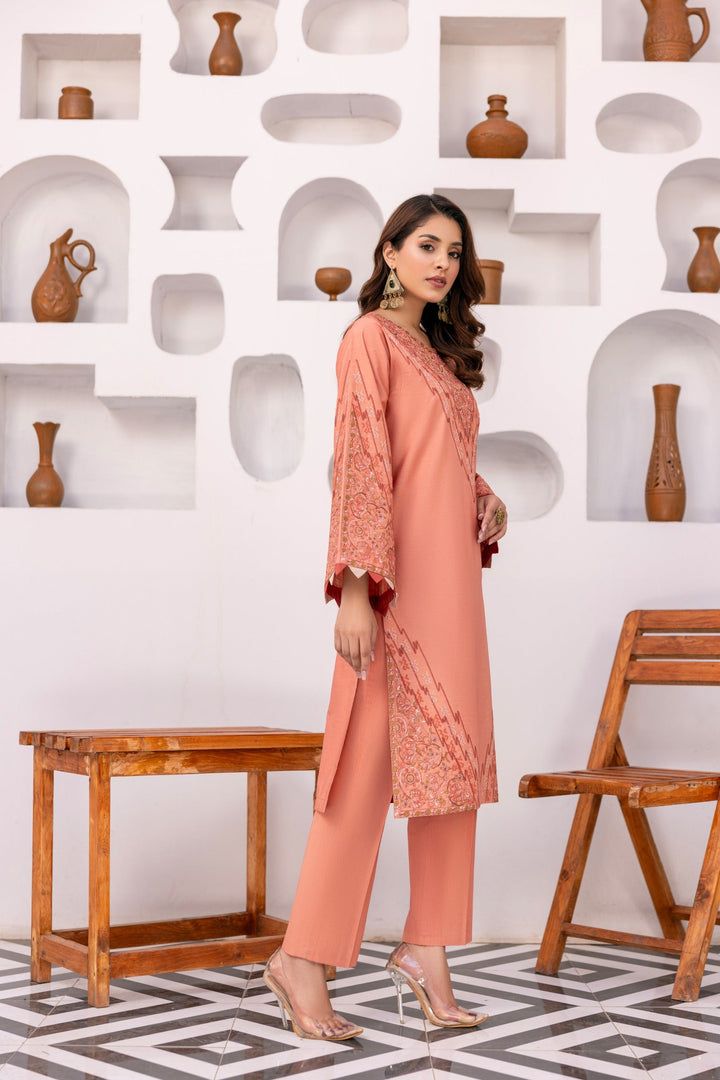 Peach Color Embroidered Poplin Suit