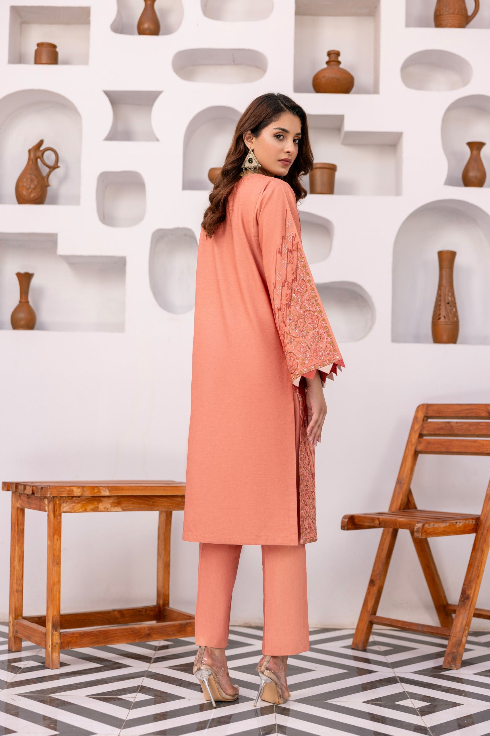 Peach Color Embroidered Poplin Suit