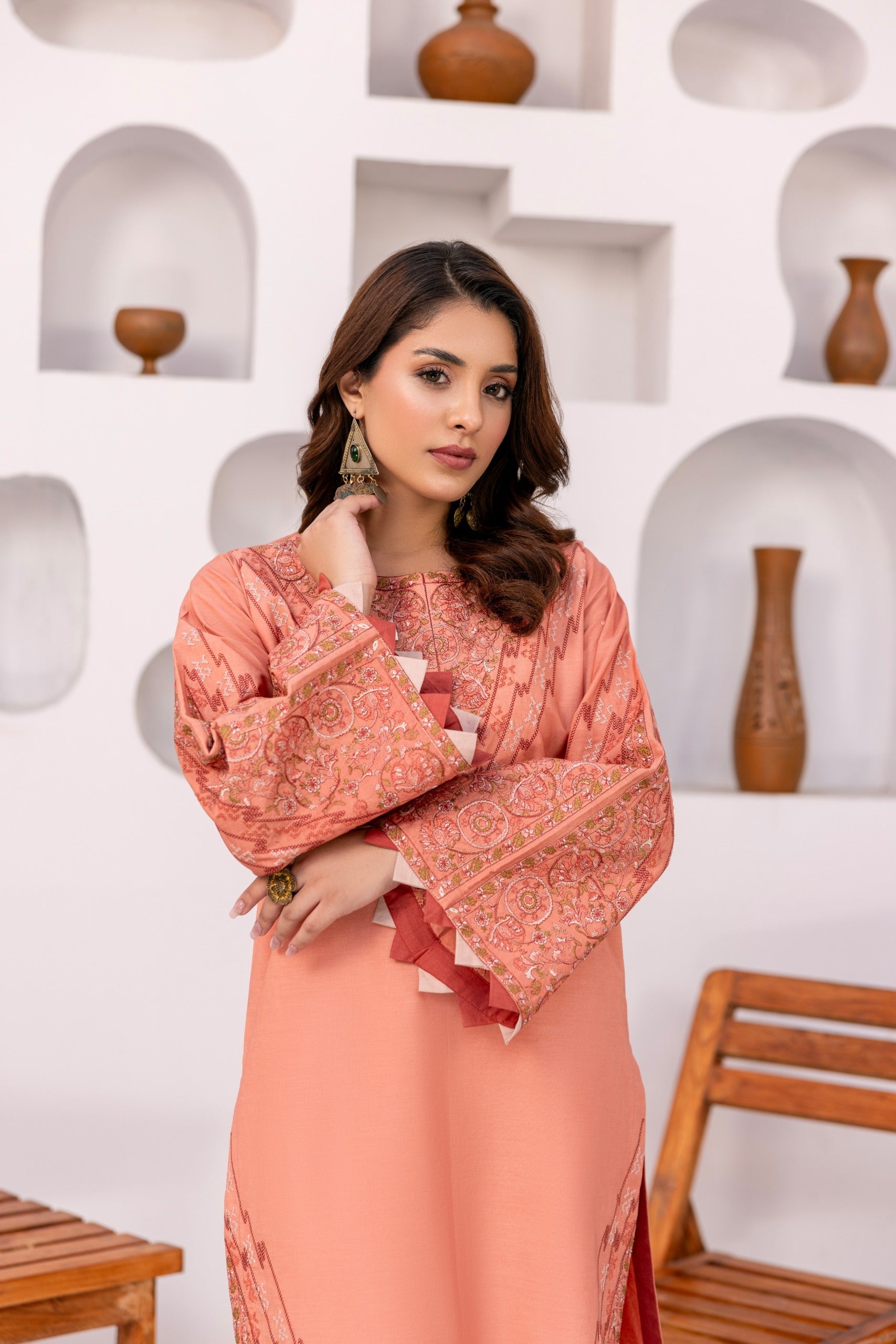 Peach Color Embroidered Poplin Suit