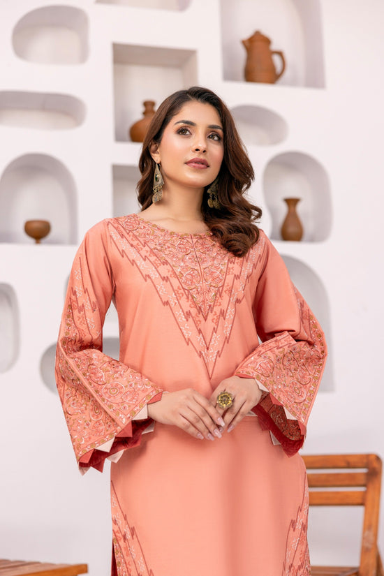 Peach Color Embroidered Poplin Suit