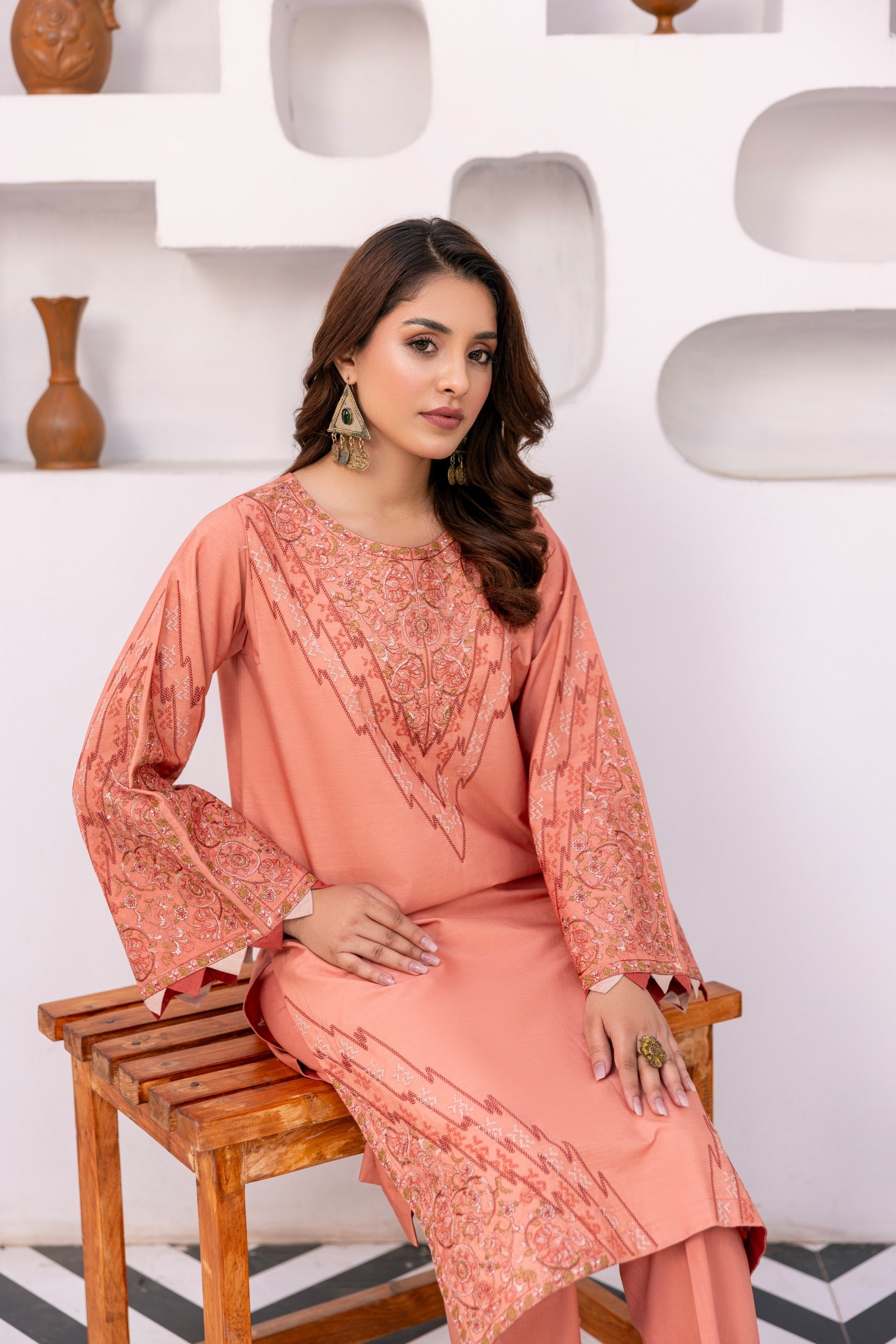 Peach Color Embroidered Poplin Suit