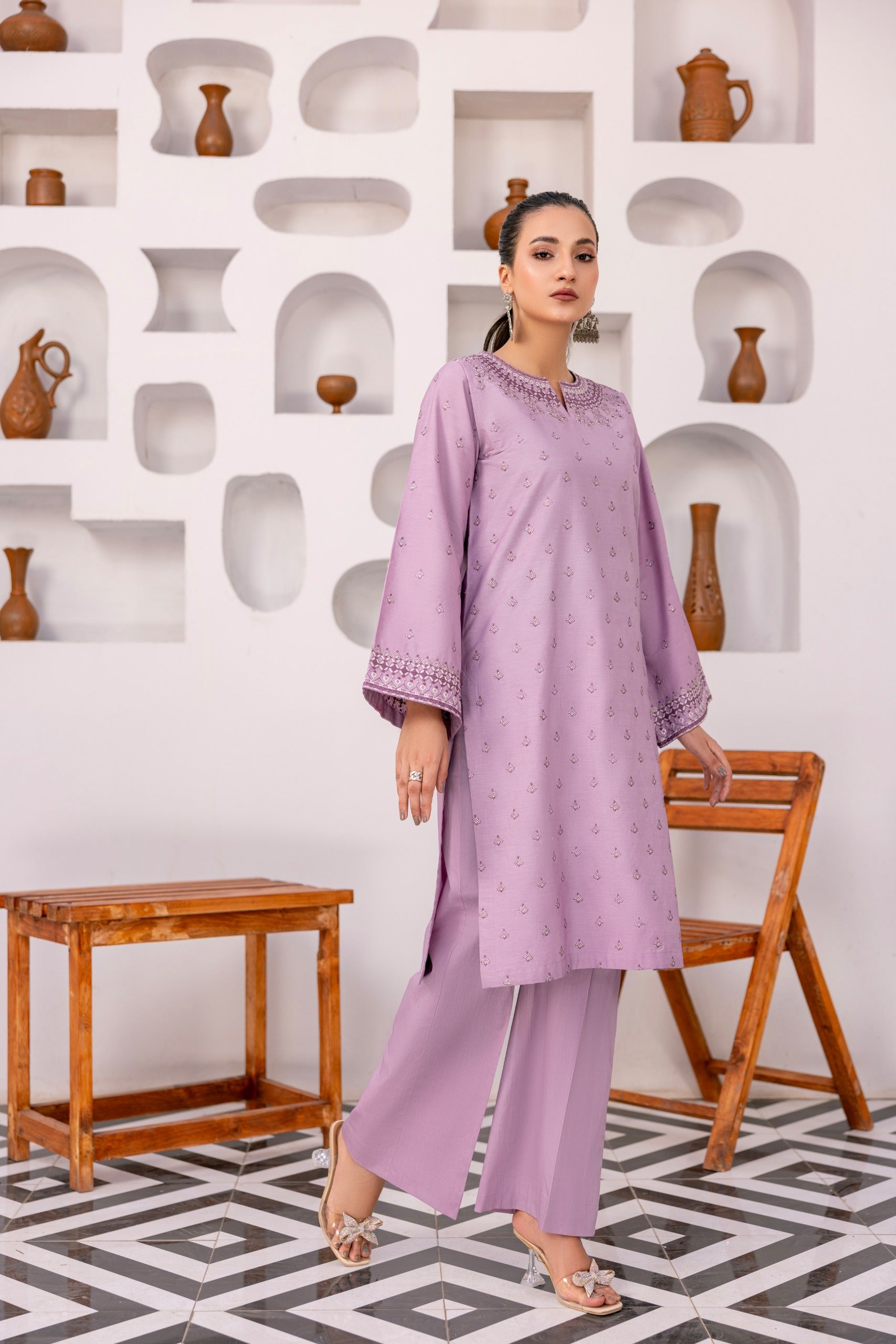 Light Purple Embroidered Poplin Suit